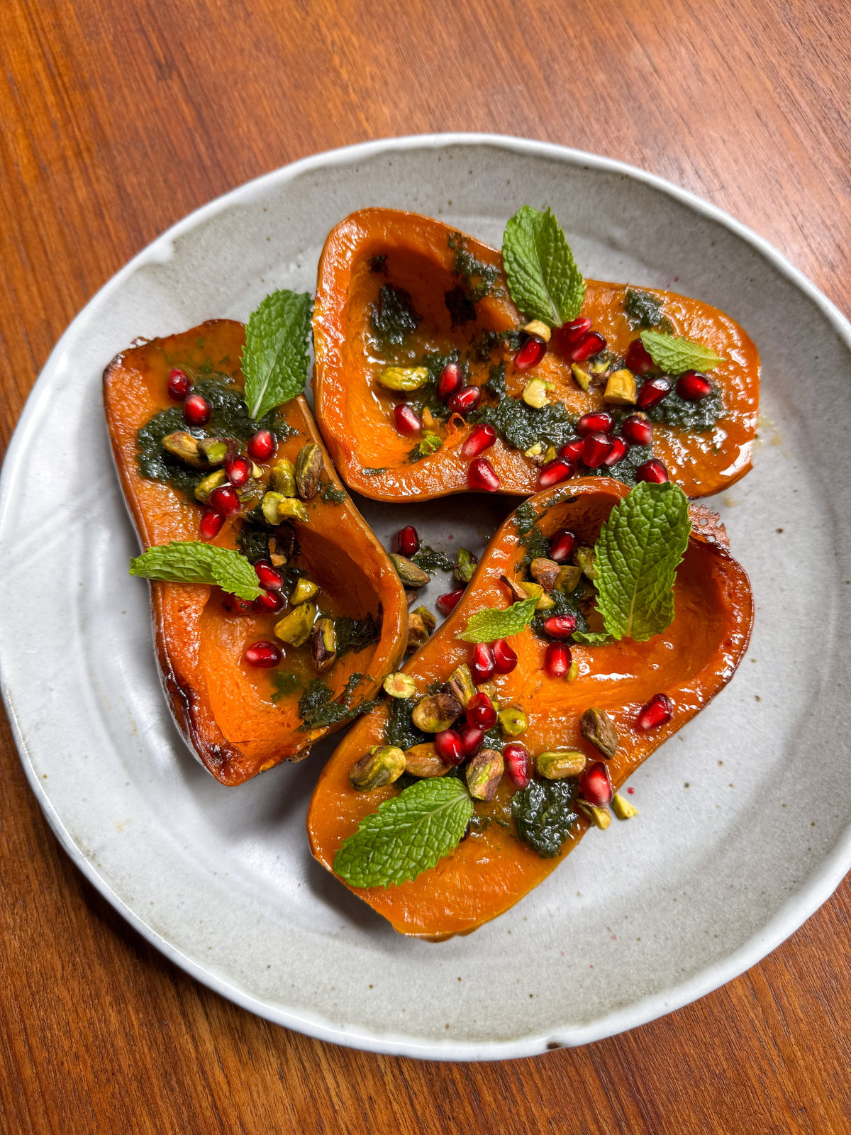 Roasted Honeynut Squash with Pomegranate, Pistachio & Pounded Mint Roasted Honeynut Squash with Pomegranate, Pistachio & Pounded Mint